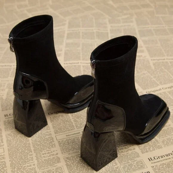 Black Elegant Women's Waterproof Platform Heel High Boots - Picture 5 of 5